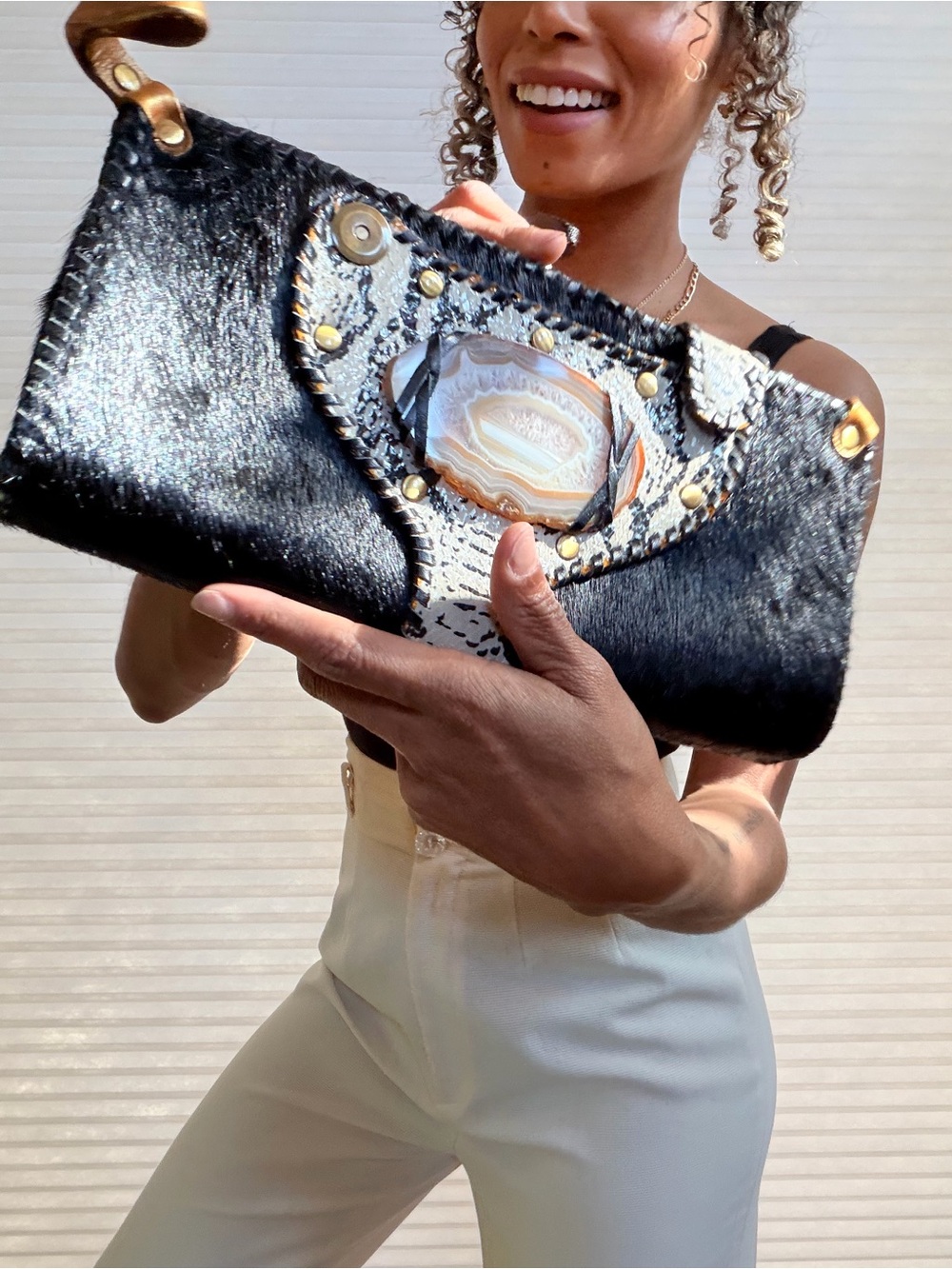 Vintage Sharif Studio Hair-On Hide Clutch w/ Natural Agate Stone